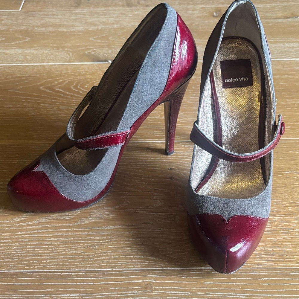 Dolce Vita Gray Suede and Red Patent Mary Jane Stacked Heels